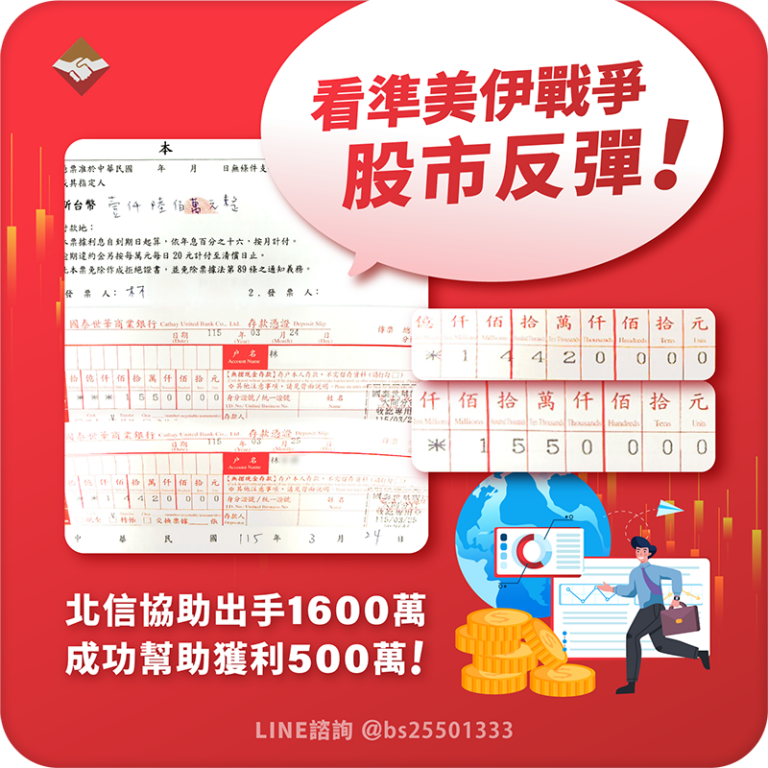 看準美伊戰爭股市反彈，北信協助出手1600萬槓桿，成功幫助獲利500萬！-1