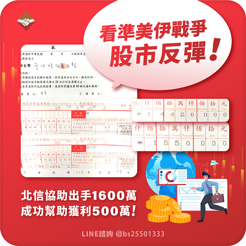 看準美伊戰爭股市反彈，北信協助出手1600萬槓桿，成功幫助獲利500萬！-1
