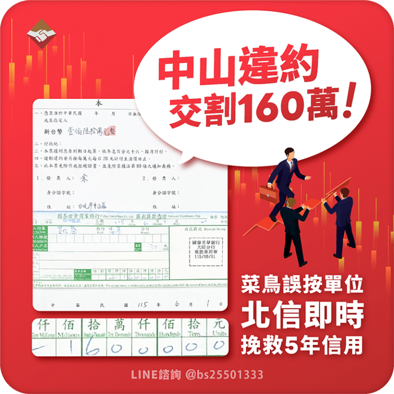 中山違約交割160萬：菜鳥投資誤按單位，北信即時挽救5年信用！