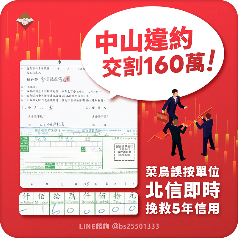 中山違約交割160萬：菜鳥投資誤按單位，北信即時挽救5年信用！
