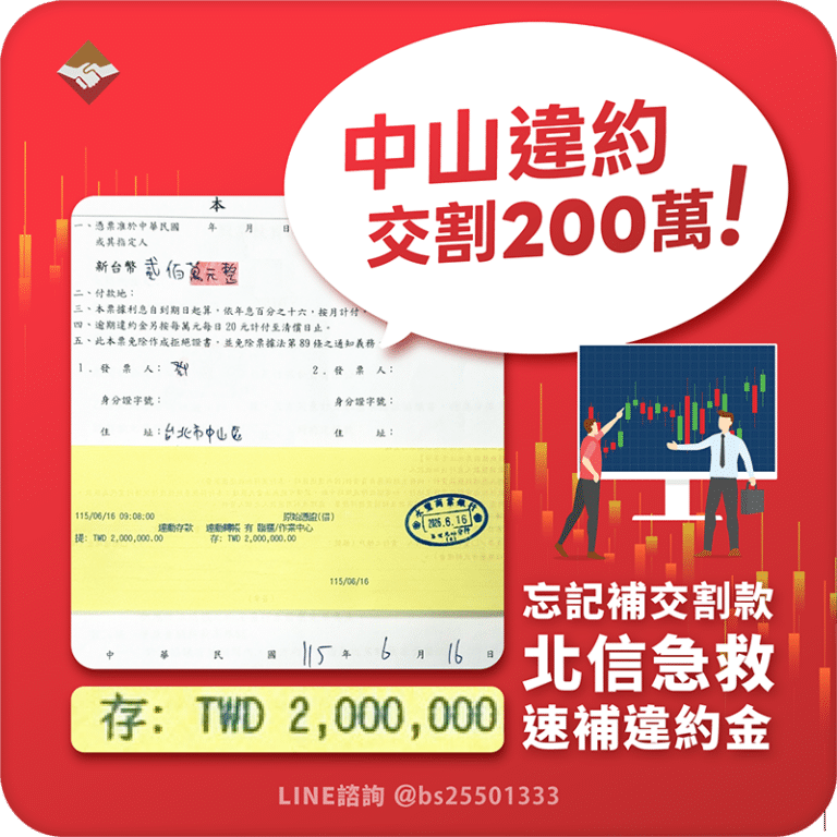 中山違約交割200萬：忘記補交割款，北信急救速補！