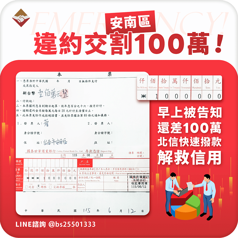 安南違約交割100萬：早上被告知還差100萬，北信快速撥款解救信用！