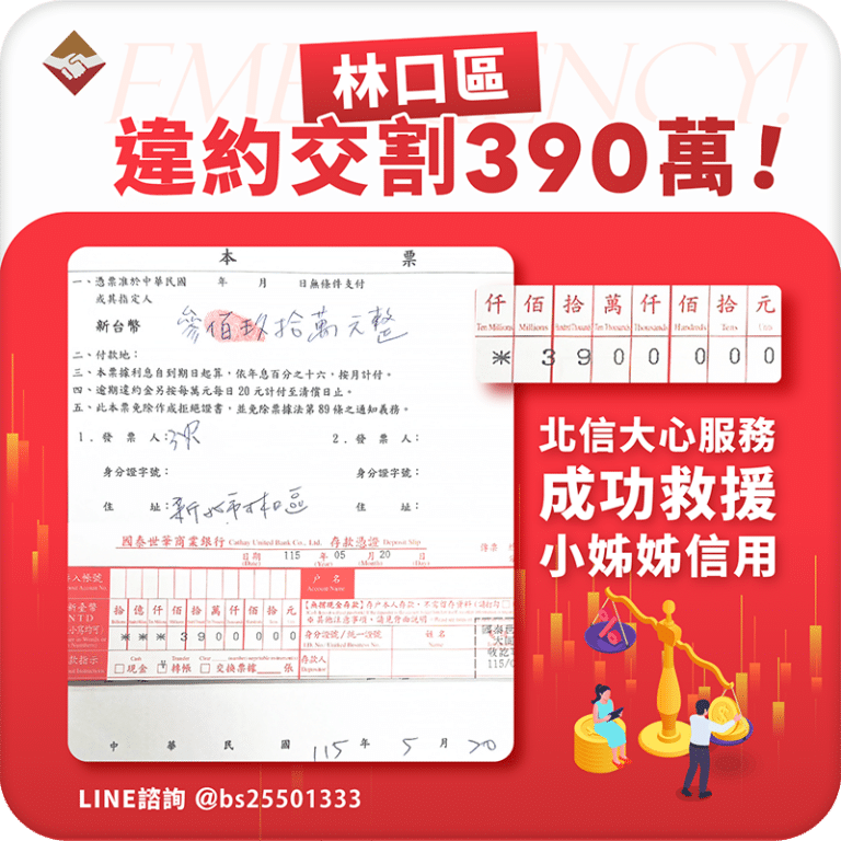 林口區違約交割390萬：北信大心服務，成功救援小姊姊信用！