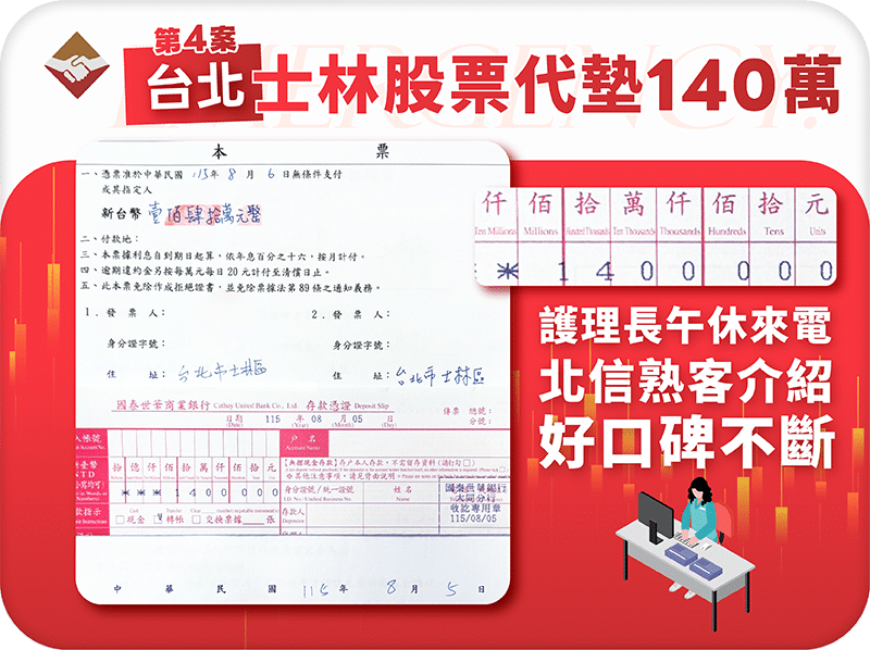 台北士林股票代墊140萬：士林第四案，診所護理長午休來電，北信熟客介紹口碑不斷