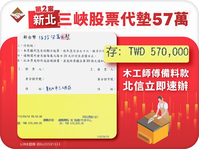 三峽股票代墊57萬：三峽第二案，木工師傅備料款北信速辦