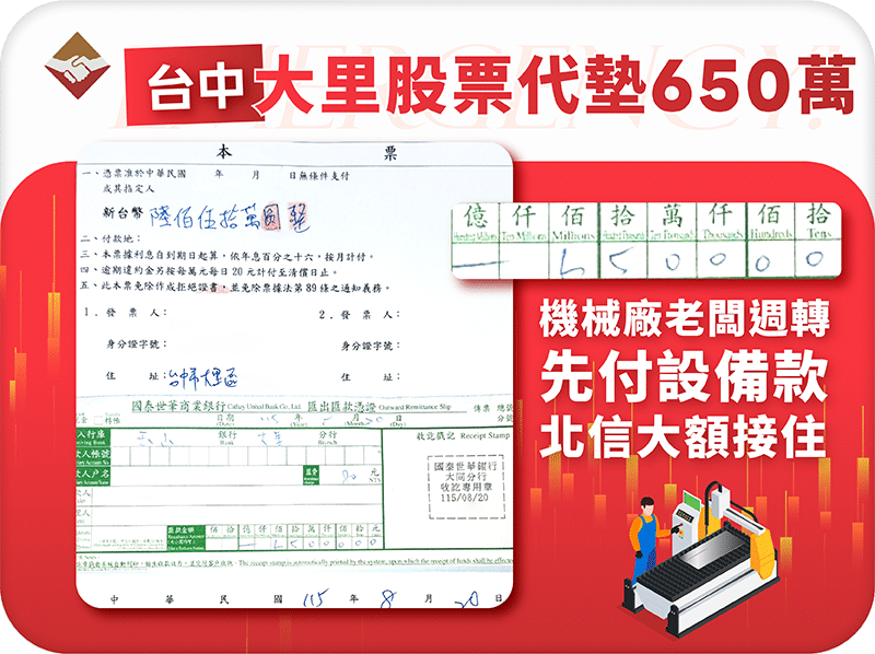 台中大里股票代墊650萬：機械廠老闆設備款先付，北信大額接住