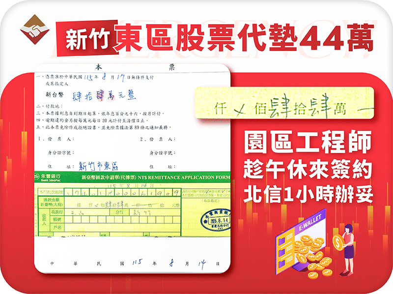 新竹東區股票代墊44萬：園區工程師午休簽約，北信一小時辦妥