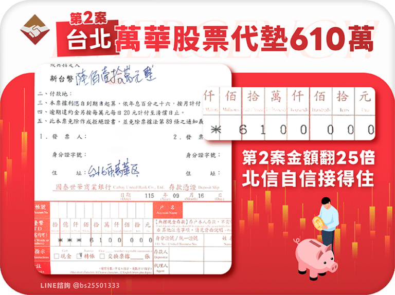 萬華股票代墊610萬：萬華第二案金額翻25倍，北信接得住