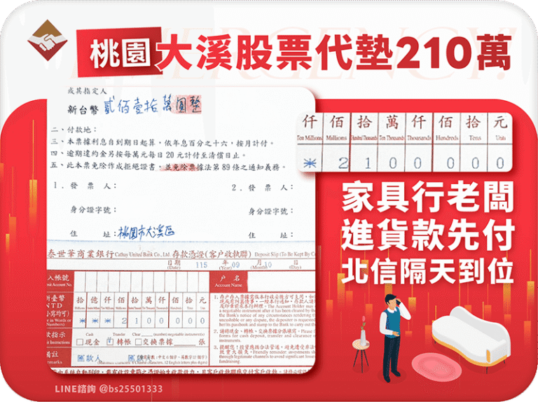 大溪股票代墊210萬：家具行老闆進貨款先付，北信隔天到位