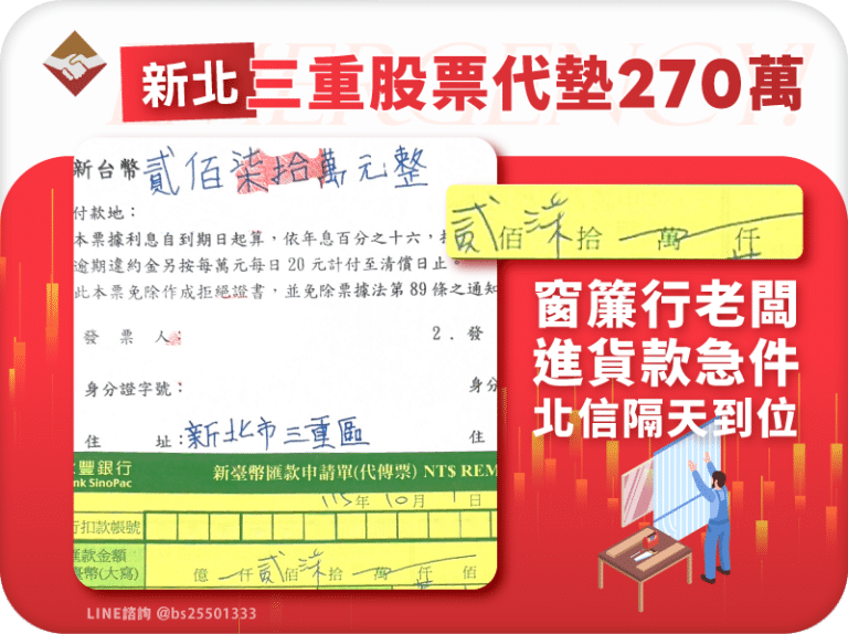 新北三重股票代墊270萬：窗簾行老闆進貨款急件，北信隔天到位