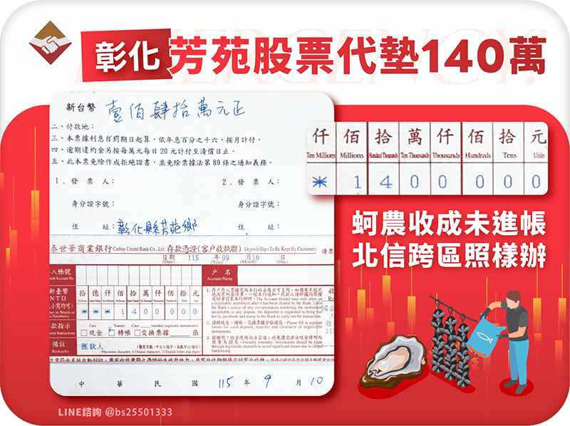 芳苑股票代墊140萬：蚵農收成款未進帳，北信跨區照樣辦